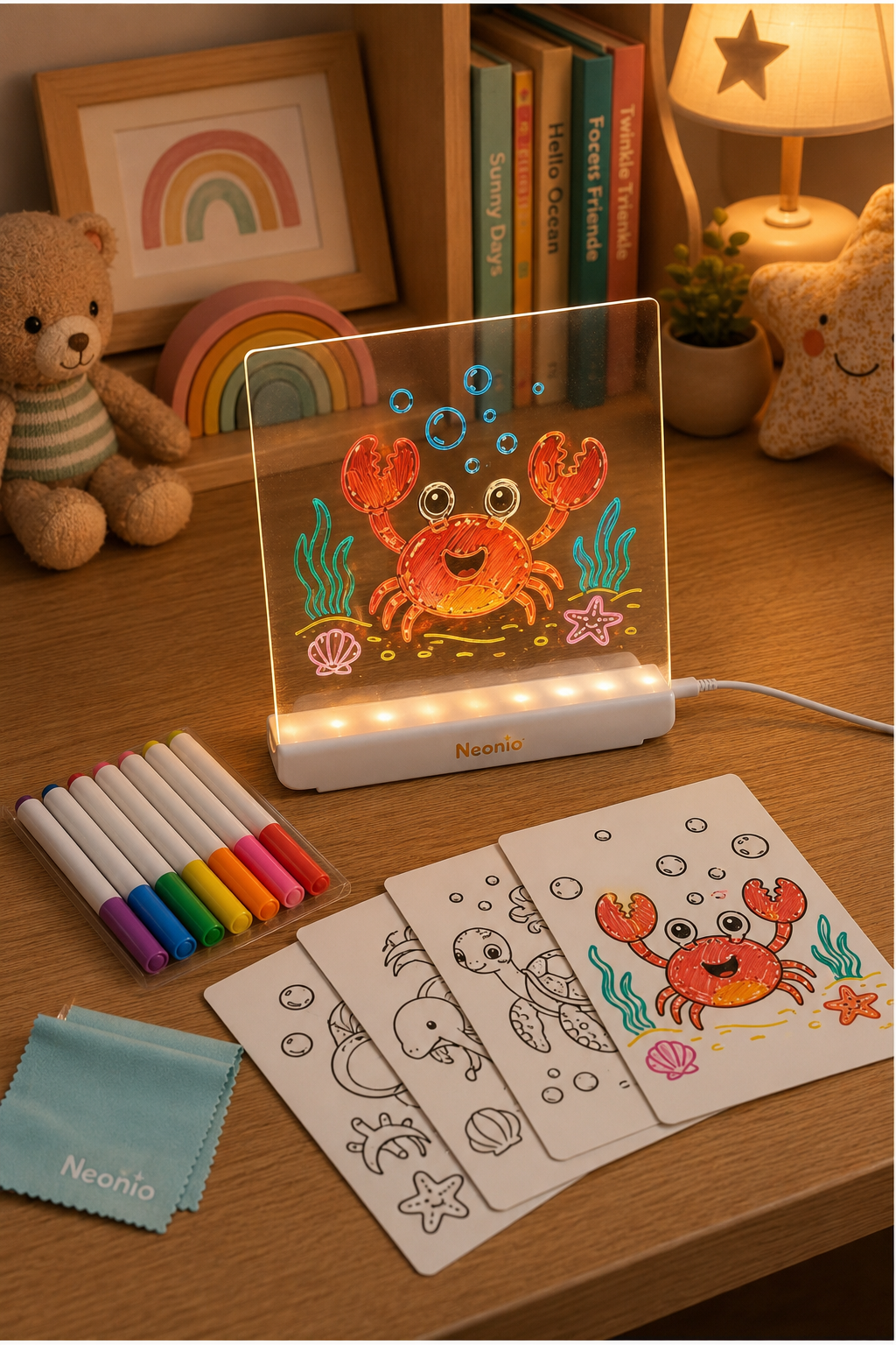 Neonio LED Işıklı Çizim ve Boyama Panosu – Stantlı, 6 Kalemli Çocuk Aktivite Seti