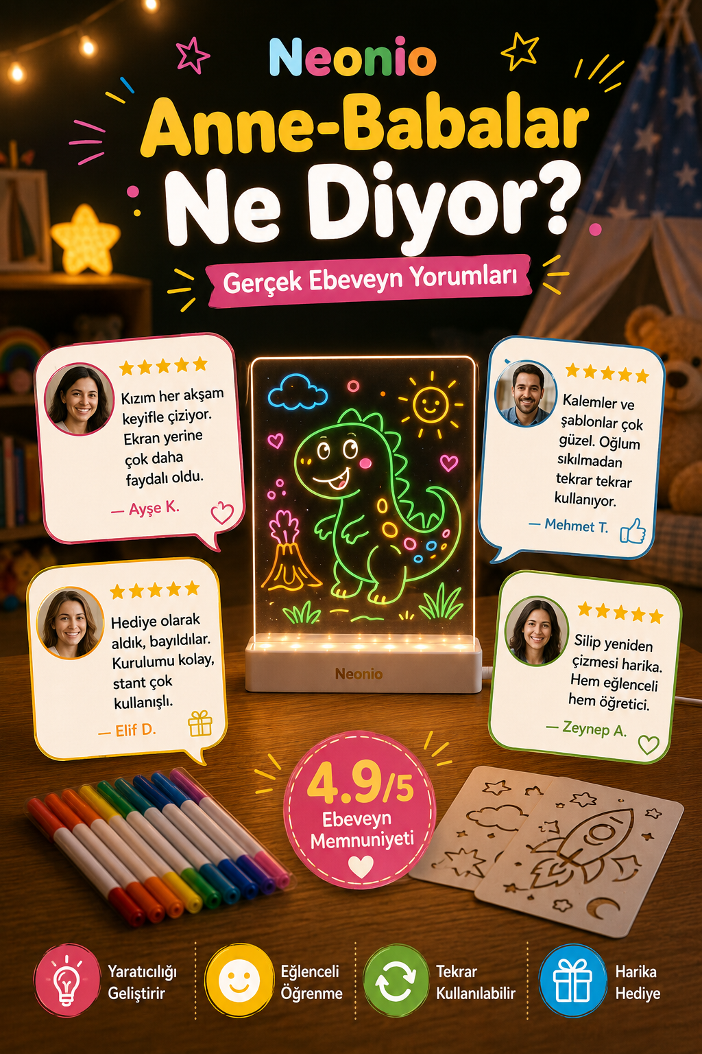Neonio LED Işıklı Çizim ve Boyama Panosu – Stantlı, 6 Kalemli Çocuk Aktivite Seti