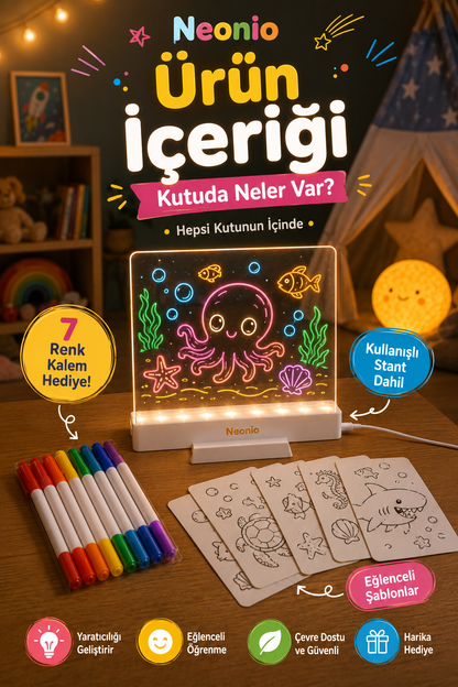 Neonio LED Işıklı Çizim ve Boyama Panosu – Stantlı, 6 Kalemli Çocuk Aktivite Seti