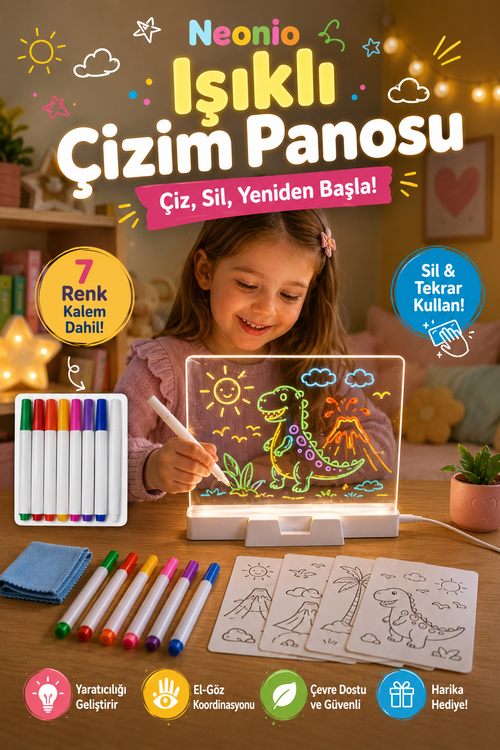 Neonio LED Işıklı Çizim ve Boyama Panosu – Stantlı, 6 Kalemli Çocuk Aktivite Seti
